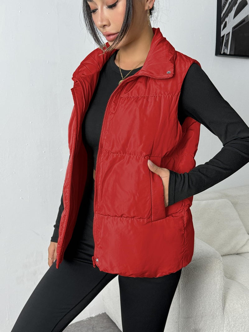 Zeagoo Women Puffer Vest Lightweight Stand Collar Sleeveless Winter Warm Zip Up Padded Outerwear Jackets with Pockets Red L - Image 3