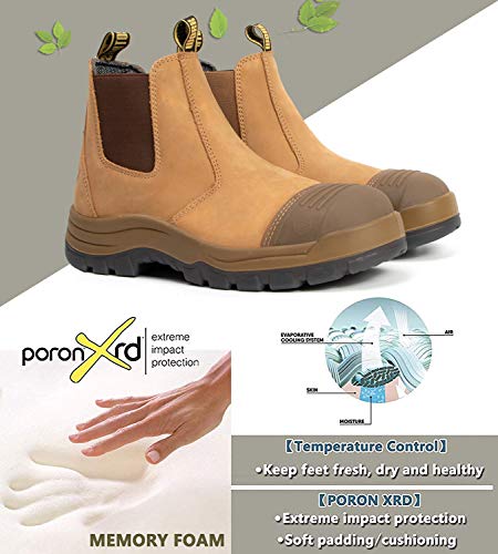 DIIG Work Boots for Men, Steel Toe Waterproof Working Boots, Slip Resistant Anti-Static Slip-on Safety Working Shoes (TAN/822EE, 10) - Image 3