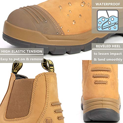 DIIG Work Boots for Men, Steel Toe Waterproof Working Boots, Slip Resistant Anti-Static Slip-on Safety Working Shoes (TAN/822EE, 10) - Image 4