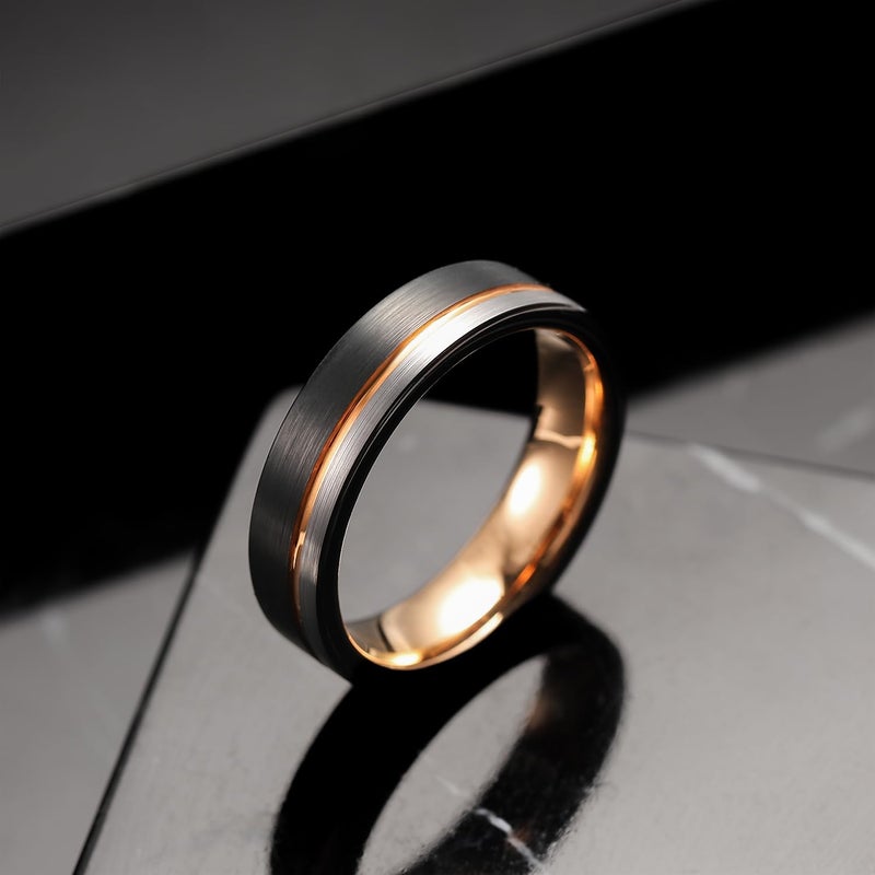 King Will Tungsten Carbide Wedding Band 6mm Rose Gold Line Ring Black and Silver Brushed Comfort Fit 7 - Image 2