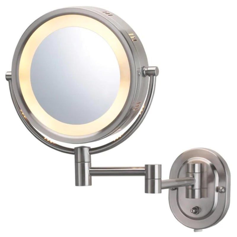 JERDON Wall-Mounted Makeup Mirror with 5X Magnification - Nickel Makeup Mirror with LED Lights - Plug in - HL65N - Image 1
