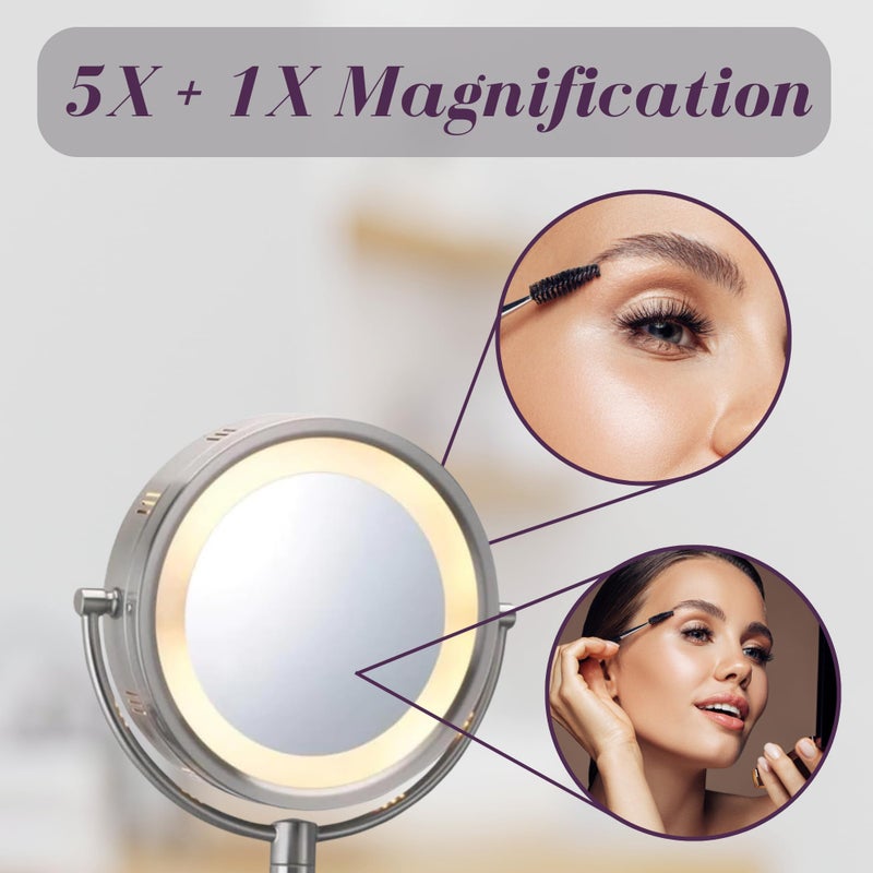 JERDON Wall-Mounted Makeup Mirror with 5X Magnification - Nickel Makeup Mirror with LED Lights - Plug in - HL65N - Image 4