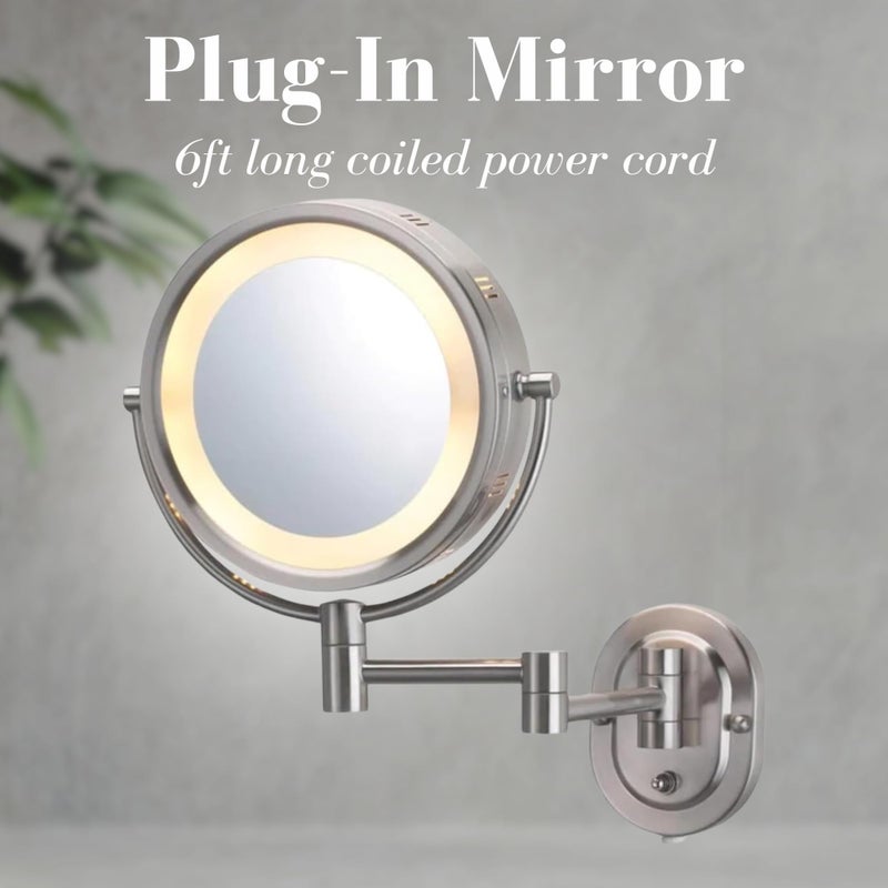 JERDON Wall-Mounted Makeup Mirror with 5X Magnification - Nickel Makeup Mirror with LED Lights - Plug in - HL65N - Image 2