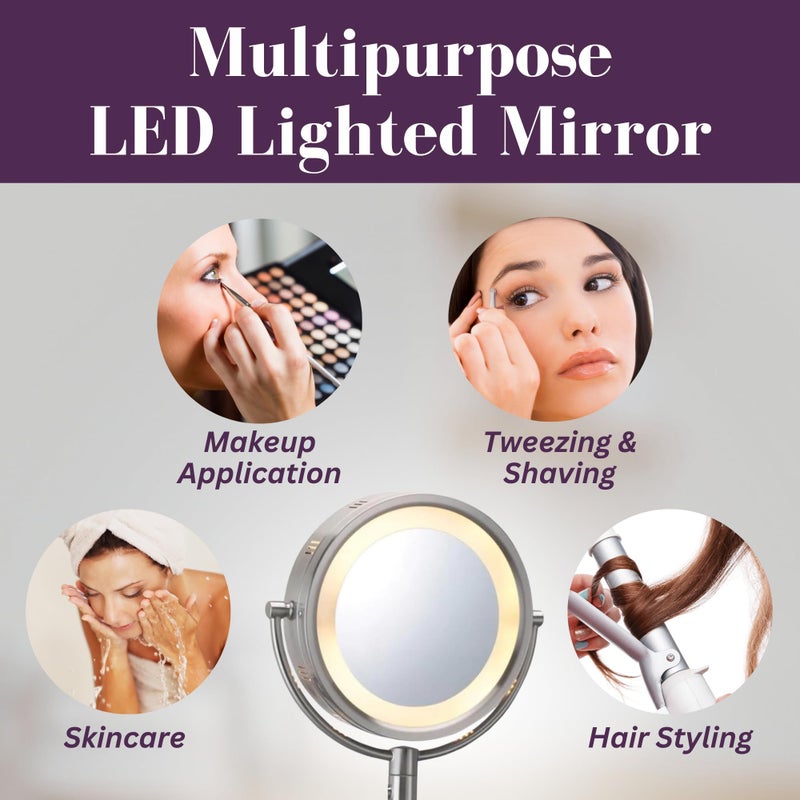 JERDON Wall-Mounted Makeup Mirror with 5X Magnification - Nickel Makeup Mirror with LED Lights - Plug in - HL65N - Image 5