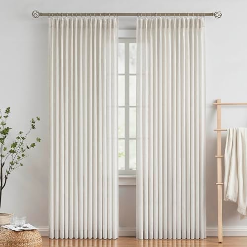 Vision Home Natural Pinch Pleated Semi Sheer Curtains Textured Linen Blended Light Filtering Window Curtains 90 inch for Living Room Bedroom Pinch Pleat Drapes with Hooks 2 Panels 42" Wx90 L - Image 1