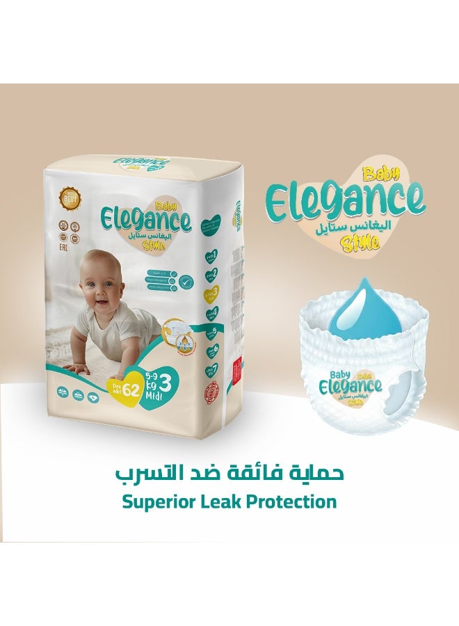 بيبي إليجانس حفاضات أطفال تركية بريميوم، مقاس 3، وزن 5-9 كغ، 62 قطعة، امتصاص عالي وحماية من التسرب - Image 5