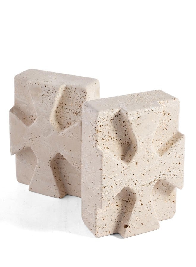 BCS Decorative Square Marble Bookends for Heavy Books – Unique Book Ends for Shelves – Modern Aesthetic Book Holder/Stopper with Non-Slip Pads for Chic Home, Office, or Library Decor(Travertino Turkey) - Image 1