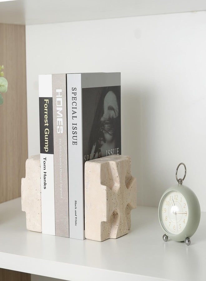 BCS Decorative Square Marble Bookends for Heavy Books – Unique Book Ends for Shelves – Modern Aesthetic Book Holder/Stopper with Non-Slip Pads for Chic Home, Office, or Library Decor(Travertino Turkey) - Image 2