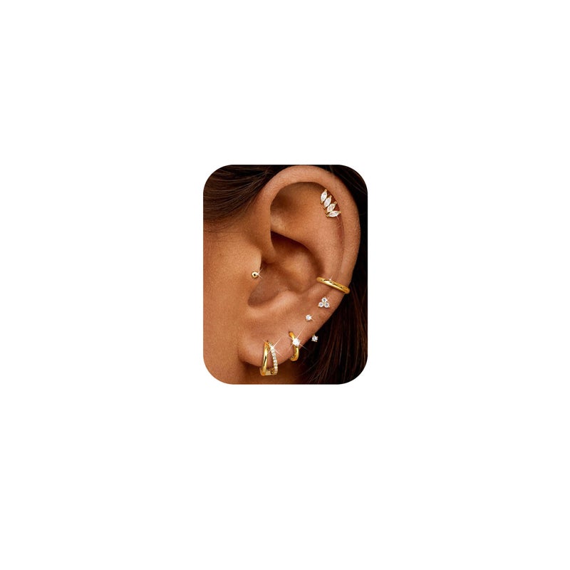 Florideco Small Stud Hoop Earrings for Women - Hypoallergenic 14K Gold Plated Surgical Steel Flat Back Earrings, Stackable Cartilage Earring Sets for Multiple Piercing Trendy Earring Stacks(Double-G) - Image 1