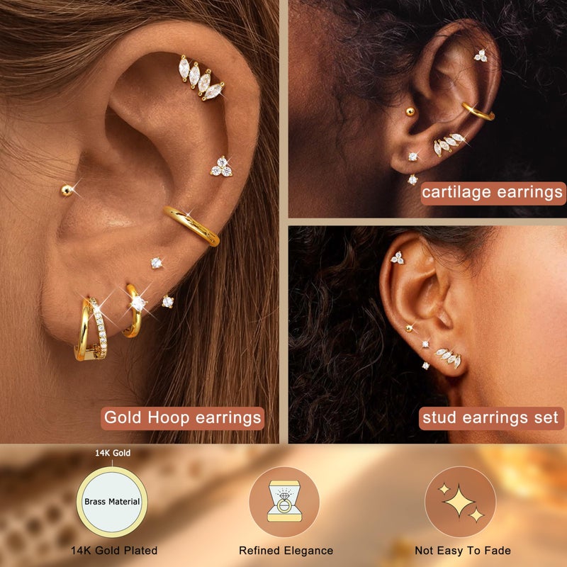Florideco Small Stud Hoop Earrings for Women - Hypoallergenic 14K Gold Plated Surgical Steel Flat Back Earrings, Stackable Cartilage Earring Sets for Multiple Piercing Trendy Earring Stacks(Double-G) - Image 4