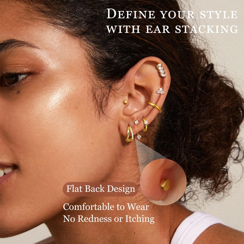 Florideco Small Stud Hoop Earrings for Women - Hypoallergenic 14K Gold Plated Surgical Steel Flat Back Earrings, Stackable Cartilage Earring Sets for Multiple Piercing Trendy Earring Stacks(Double-G) - Image 2
