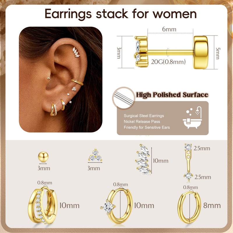 Florideco Small Stud Hoop Earrings for Women - Hypoallergenic 14K Gold Plated Surgical Steel Flat Back Earrings, Stackable Cartilage Earring Sets for Multiple Piercing Trendy Earring Stacks(Double-G) - Image 5