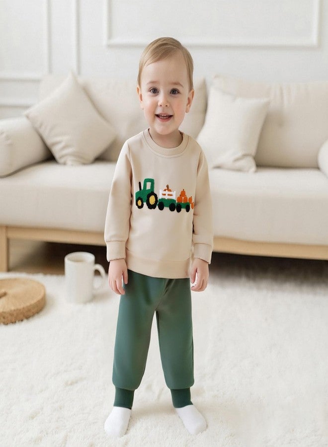 Mobbdow Toddler Baby Boy Halloween Outfit Pumpkin Tractor/Truck/Excavator Embroidery Crewneck Sweatshirt and Jogger Pants Set (A-Pumpkin Tractor, 12-18 Months) - Image 2