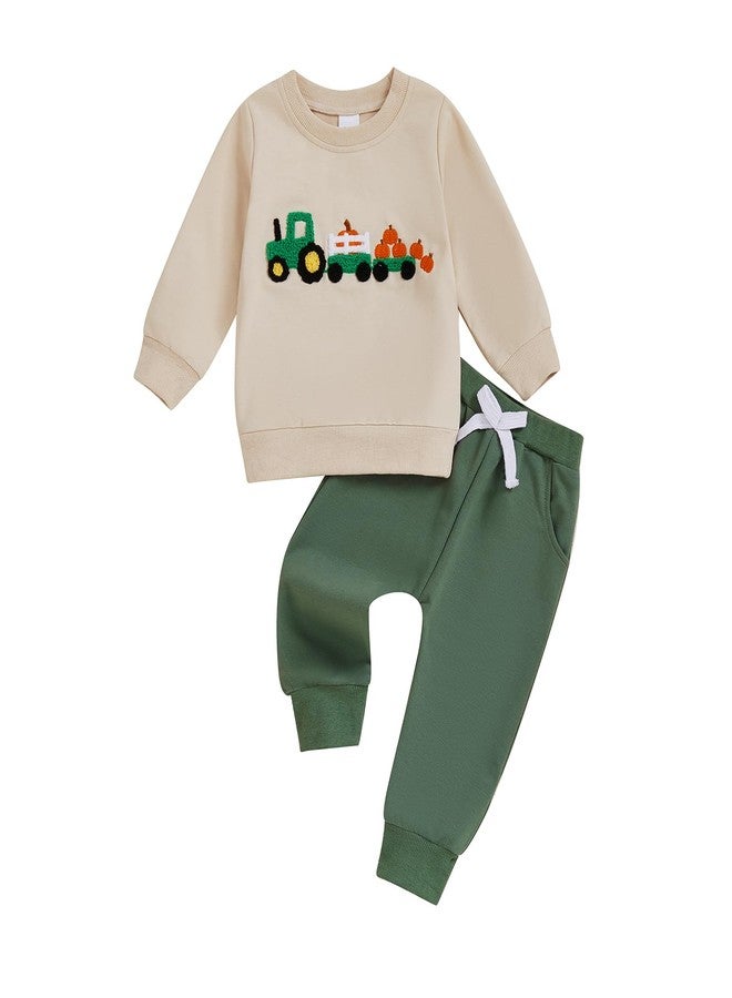 Mobbdow Toddler Baby Boy Halloween Outfit Pumpkin Tractor/Truck/Excavator Embroidery Crewneck Sweatshirt and Jogger Pants Set (A-Pumpkin Tractor, 12-18 Months) - Image 1