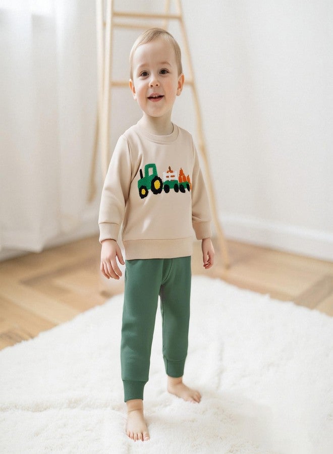 Mobbdow Toddler Baby Boy Halloween Outfit Pumpkin Tractor/Truck/Excavator Embroidery Crewneck Sweatshirt and Jogger Pants Set (A-Pumpkin Tractor, 12-18 Months) - Image 3