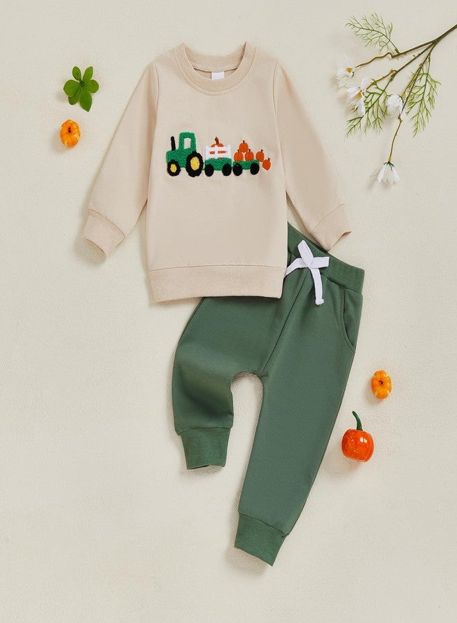 Mobbdow Toddler Baby Boy Halloween Outfit Pumpkin Tractor/Truck/Excavator Embroidery Crewneck Sweatshirt and Jogger Pants Set (A-Pumpkin Tractor, 12-18 Months) - Image 5