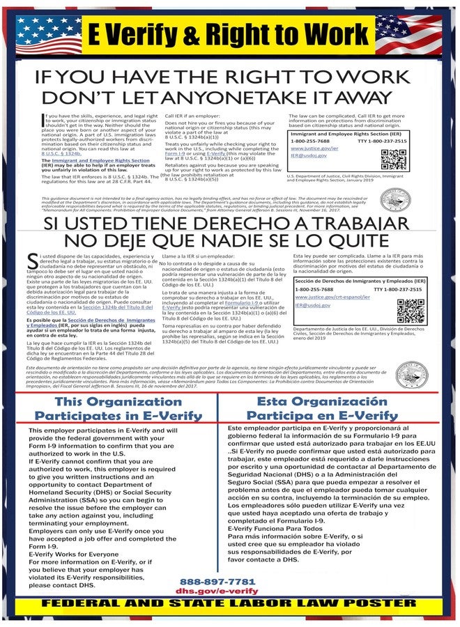 Home & Comforts E-Verify Participation and Right to Work posters - Bilingual Poster - Labor Law Poster Sign - 11 x17 - Image 1