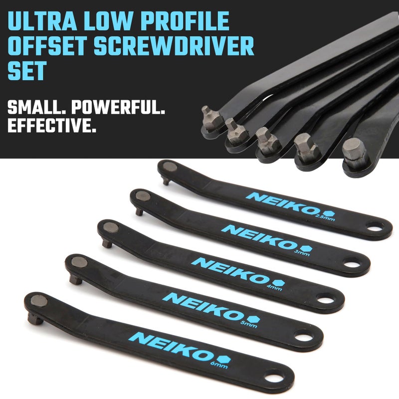NEIKO 01321A Ultra Low Profile Offset Screwdriver Hex Set, 5 Pc, Heavy Duty S2 Steel Construction, MM, 10mm Bit Depth, Angled Hex Bit, Bent Screwdriver for Tight Spaces, Allen Wrench Keychain - Image 2