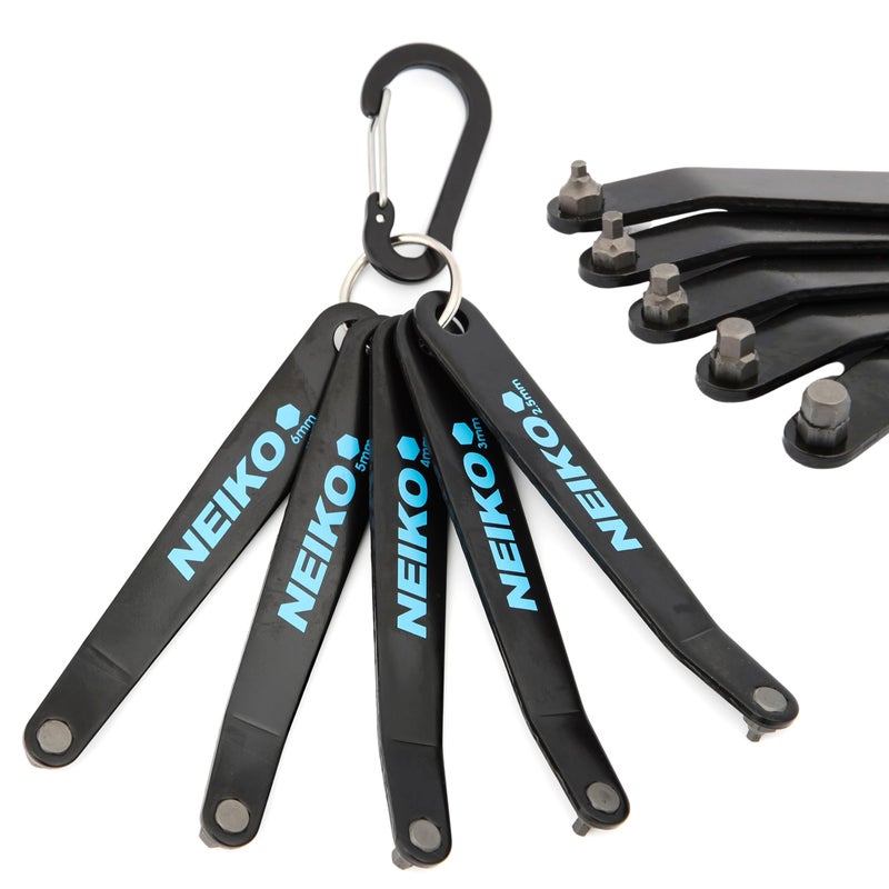 NEIKO 01321A Ultra Low Profile Offset Screwdriver Hex Set, 5 Pc, Heavy Duty S2 Steel Construction, MM, 10mm Bit Depth, Angled Hex Bit, Bent Screwdriver for Tight Spaces, Allen Wrench Keychain - Image 1