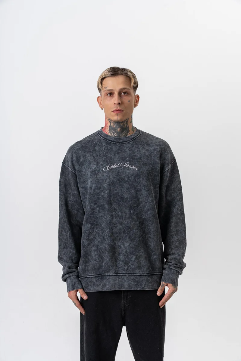 RESPIRE Men's Divided Printed Washed Crew Neck Oversize Sweatshirt Black