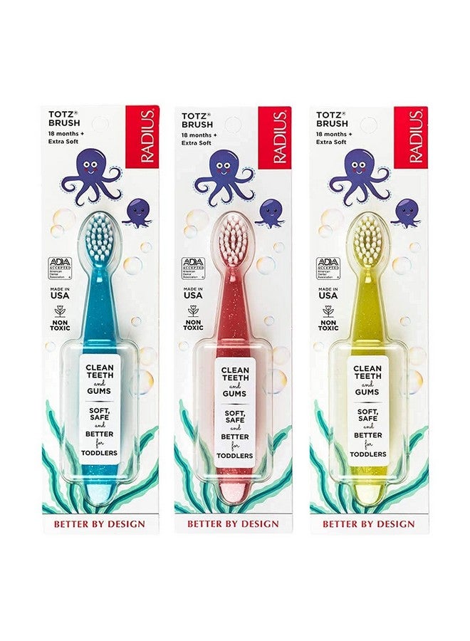 RADIUS Totz Toothbrush Extra Soft Brush BPA Free & ADA Accepted Designed for Delicate Teeth & Gums for Children 18 Months & Up - Blue Coral Yellow - Pack of 3 - Image 1