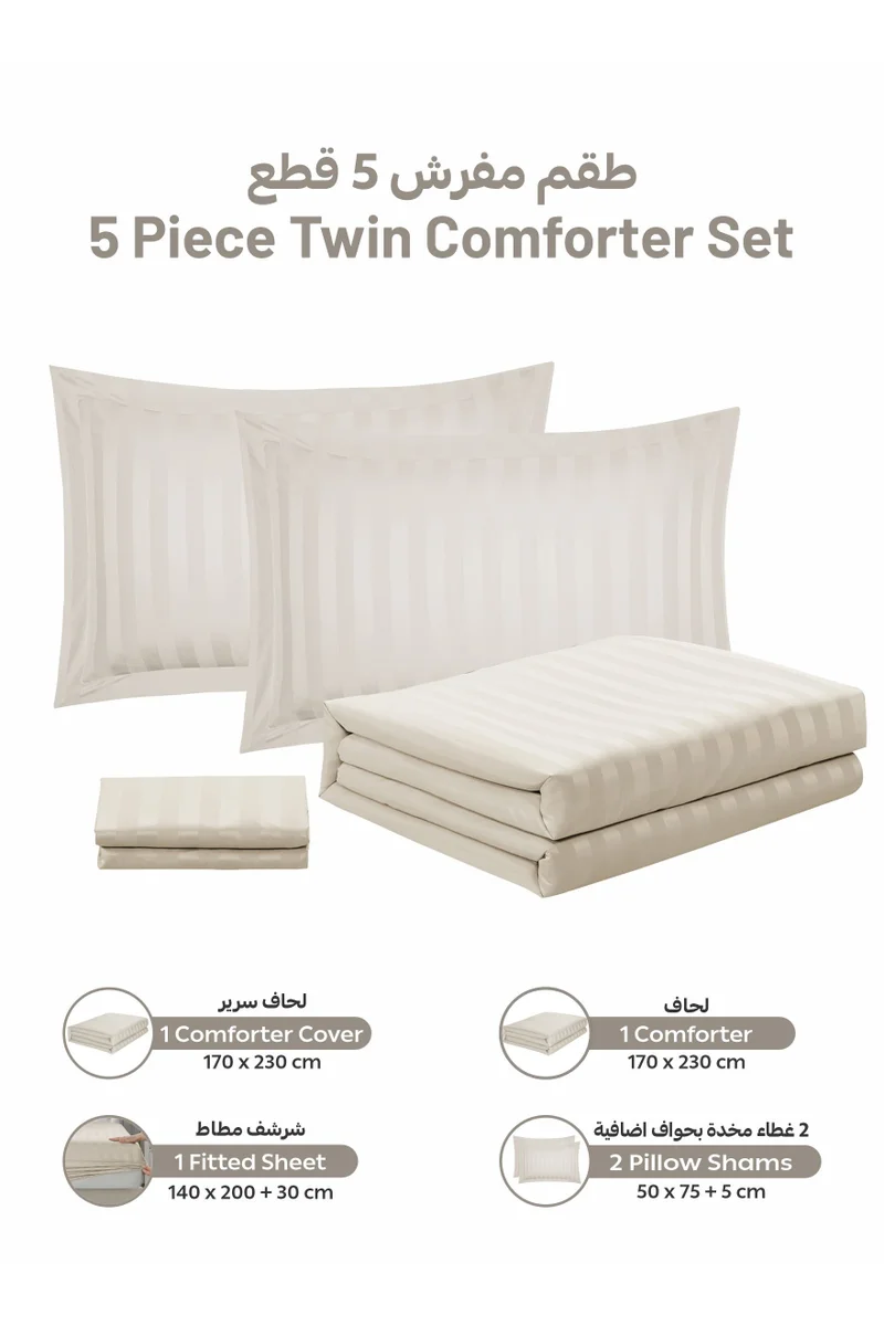 Donetella Striped Comforter Set, Single Size (170x230 cm), 5-Piece Hotel Bedding with 350 GSM Filling – Comforter, Comforter Cover, Fitted Sheet, Pillowshams.