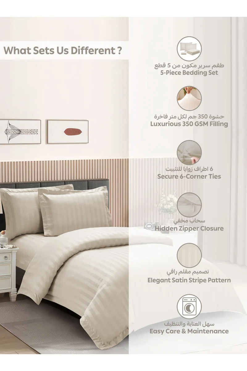 Donetella Striped Comforter Set, Single Size (170x230 cm), 5-Piece Hotel Bedding with 350 GSM Filling – Comforter, Comforter Cover, Fitted Sheet, Pillowshams.