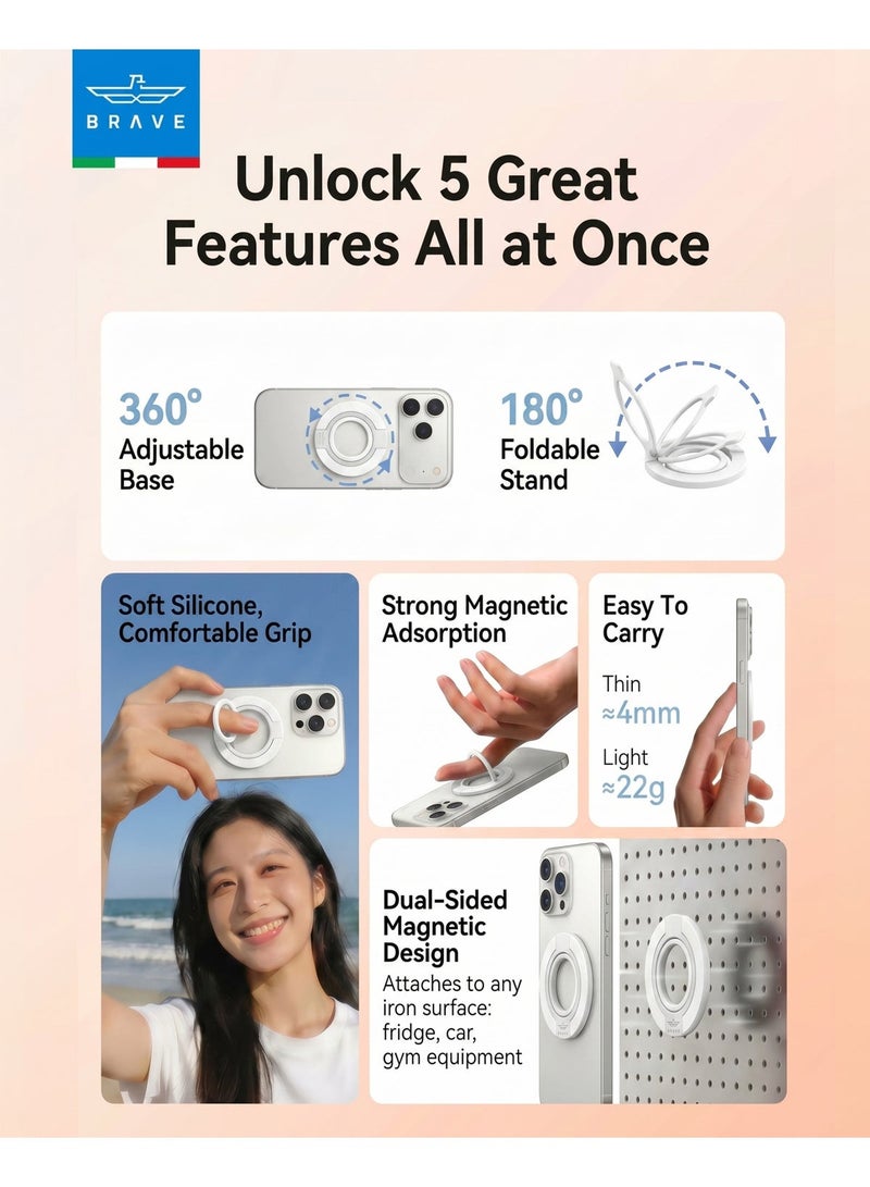 Brave MagSafe 3-in-1 Magnetic Phone Grip with Finger Strap & Kickstand – Strong Dual-Sided Silicone Anti-Drop Ring Holder, Wireless Charging Compatible, Removable Magnetic Phone Stand, Universal for iPhone 17 / 16 / 15 / 14 / 13 / 12 Series, Samsung Galaxy S25 / S24 / S23 / S22 & All Android Smartphones – White - Image 4