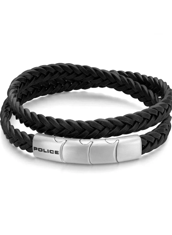 Police Braid Silver Stainless Steel and Black Layered Leather Braided Bracelet for Men 420mm