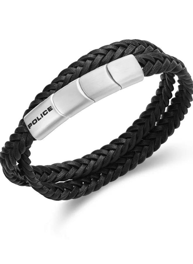 Police Braid Silver Stainless Steel and Black Layered Leather Braided Bracelet for Men 420mm