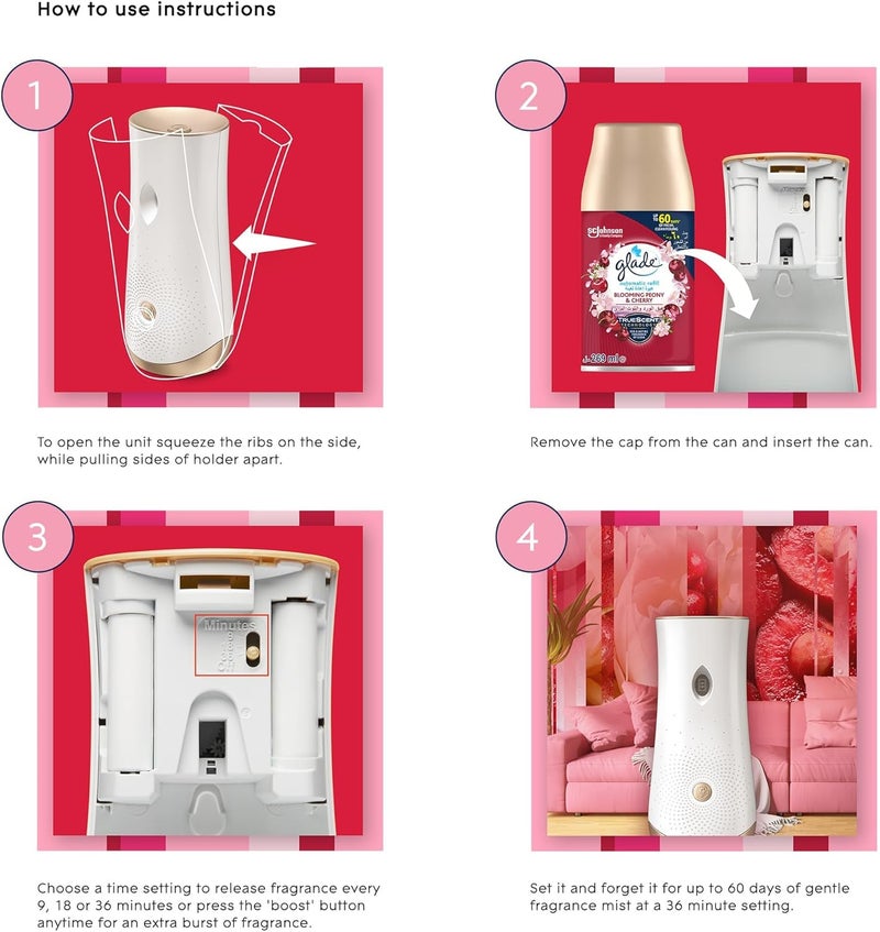 Glade Surface safe Glade Automatic Air Freshener Spray Refill Scented with Blooming Peony & Cherry Scent, 269 ml All storage space compatible - Image 4