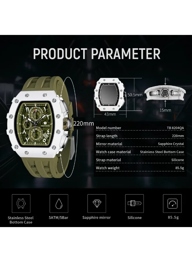 TSAR BOMBA TSAR BOMBA Watches Men Luxury Square Mens Watch Chronograph 50M Waterproof Sapphire Glass Japan Quartz Movement TMI VK67 Silicone Strap Classic Tonneau Design Luminous Calendar Wrist Watches