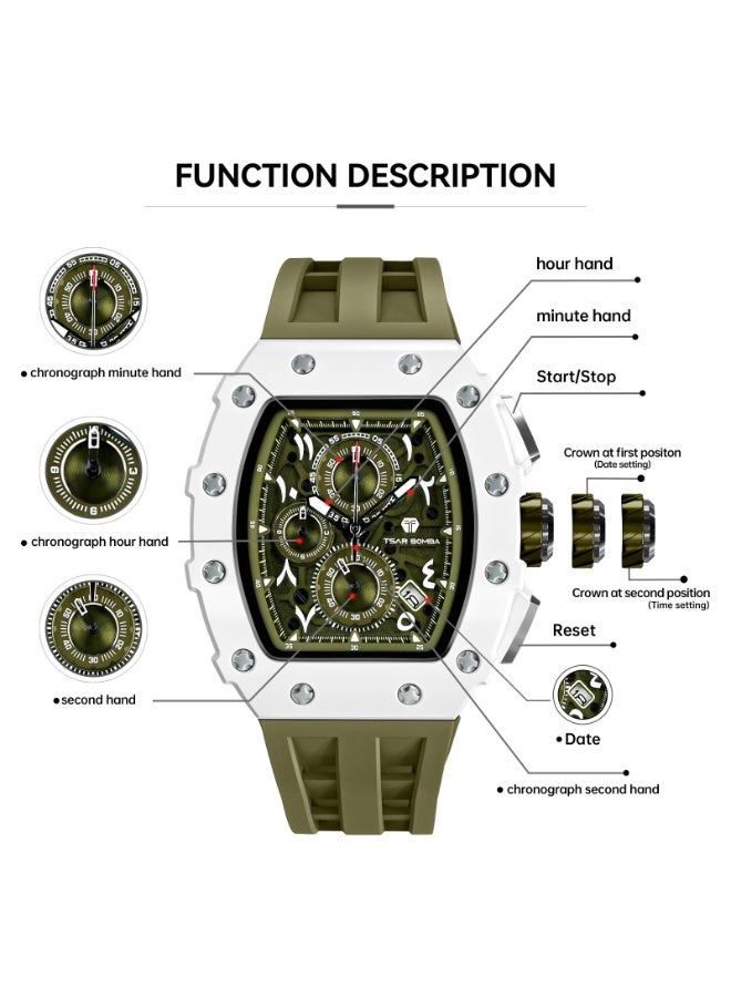 TSAR BOMBA ساعات تسار بومبا رجالي فاخرة مربعة كرونوغراف مقاومة للماء  متر زجاج ياقوت حركة كوارتز يابانية حزام سيليكون تصميم تونيو كلاسيكي مضيئة تقويم ساعات يد - Image 4