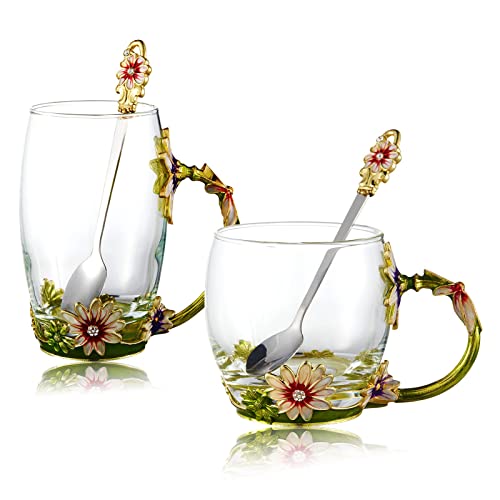 DUMVOIN Glass Fancy Tea Cup Set Birthday Christmas Valentine's Day Gift Idea for Tea Lover and Women Novelty Coffee Mugs Rose Flower Enamel Glass Mug with Spoon Set - Image 1