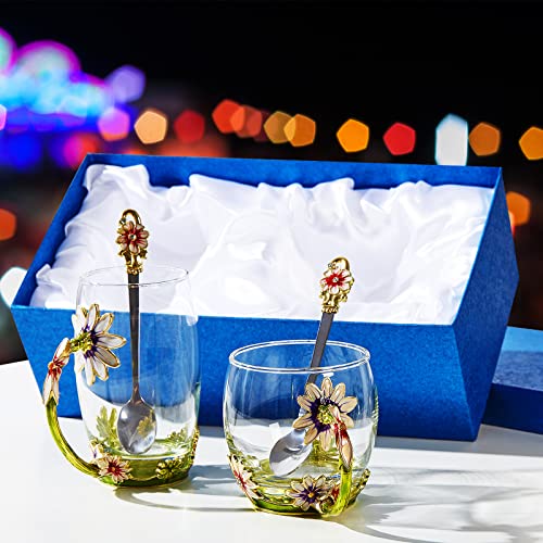 DUMVOIN Glass Fancy Tea Cup Set Birthday Christmas Valentine's Day Gift Idea for Tea Lover and Women Novelty Coffee Mugs Rose Flower Enamel Glass Mug with Spoon Set - Image 2