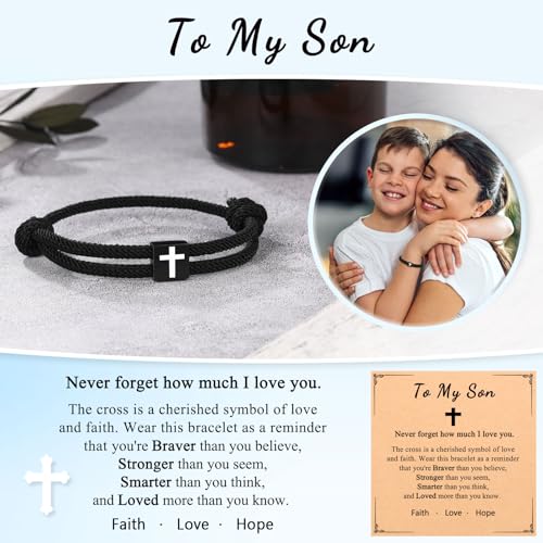 UNGENT THEM Cross To My Son Bracelet from Mom Mother Christmas Stocking Stuffers Teenage Teen Boy Gifts Ideas 8 9 10 12 13 15 14 16 11 Year Old Birthday Valentines Easter Gifts for Kids Boys Stuff - Image 5