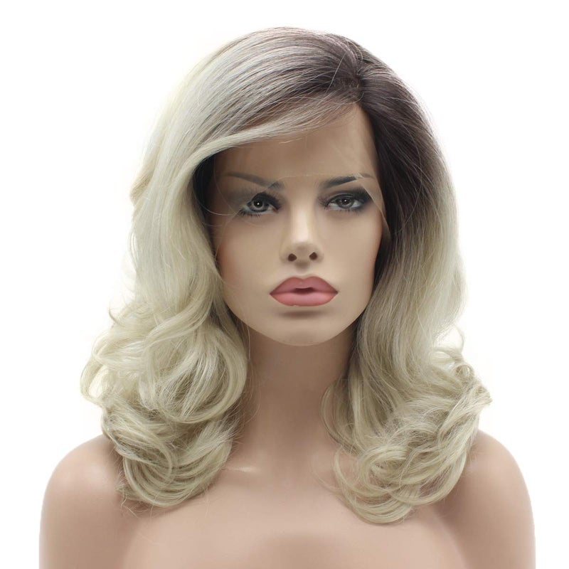 Lushy Hair 16inch Wavy Dark Root Light Blonde Ombre Heat Resistant Heavy Density Realistic Synthetic Lace Front Stylish Wigs
