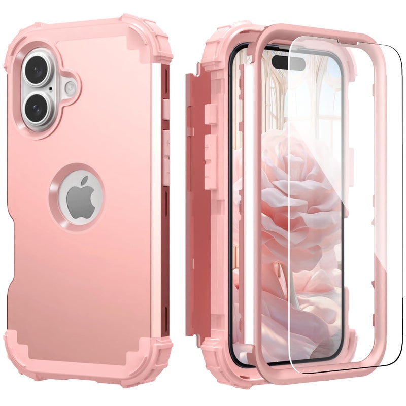 IDweel for iPhone 16 Plus Case with Screen Protector for Women, 3 in 1 Shockproof Slim Fit Hybrid Heavy Duty Hard PC Cover Soft Silicone Bumper Full Body Anti-Fingerprint Case, Rose Gold - Image 1