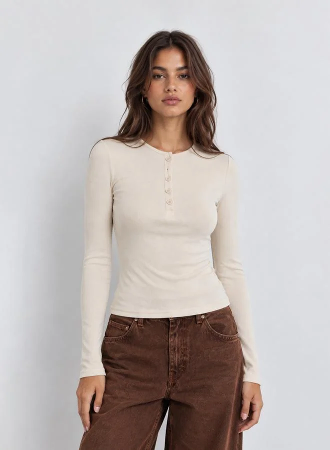 Styli Beige Ribbed Henley Long Sleeve T-Shirt