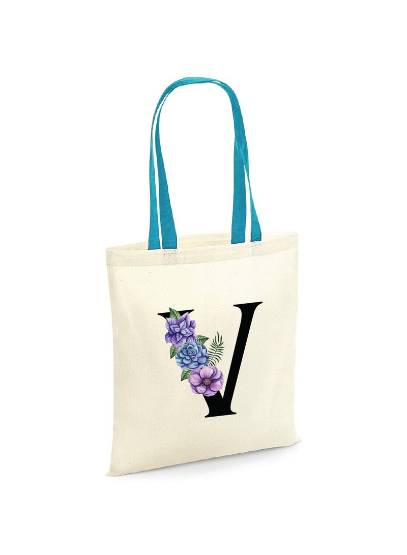 PRINTSHOP4ME Initial Letters Canvas Cotton Tote Bag With Blue Handle-Ideal Gifts For Bridesmaids-Party Bag-Reusable Bags - Image 1