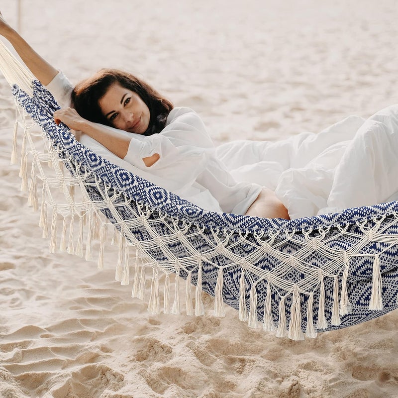 ROOITY Backyard Hammock with Tassels,Garden Hammocks with Portable Carry,Bag Deluxe Macrame Fringe for Patio,Garden,Backyard,Beach,Outdoor and Indoor Porch Fabric, Up to 450Lbs (Blue-Diamond) - Image 5