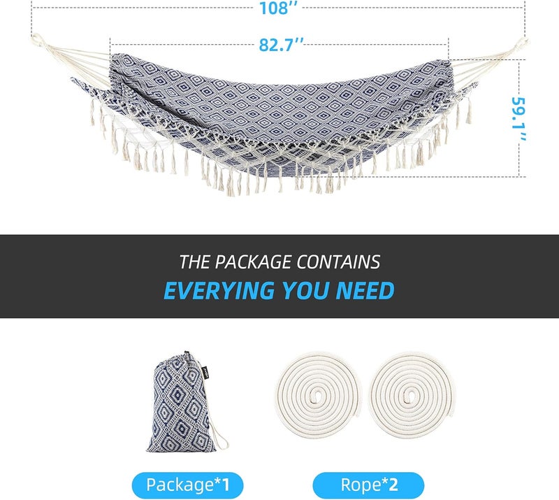 ROOITY Backyard Hammock with Tassels,Garden Hammocks with Portable Carry,Bag Deluxe Macrame Fringe for Patio,Garden,Backyard,Beach,Outdoor and Indoor Porch Fabric, Up to 450Lbs (Blue-Diamond) - Image 2