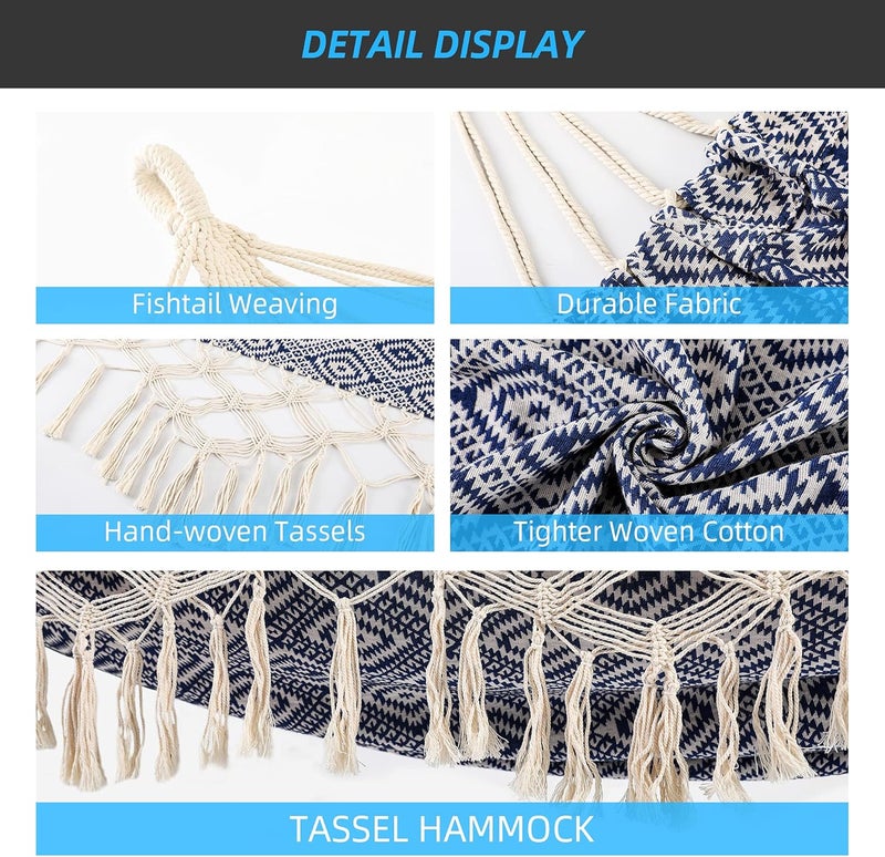 ROOITY Backyard Hammock with Tassels,Garden Hammocks with Portable Carry,Bag Deluxe Macrame Fringe for Patio,Garden,Backyard,Beach,Outdoor and Indoor Porch Fabric, Up to 450Lbs (Blue-Diamond) - Image 4