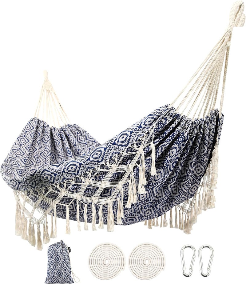 ROOITY Backyard Hammock with Tassels,Garden Hammocks with Portable Carry,Bag Deluxe Macrame Fringe for Patio,Garden,Backyard,Beach,Outdoor and Indoor Porch Fabric, Up to 450Lbs (Blue-Diamond) - Image 1