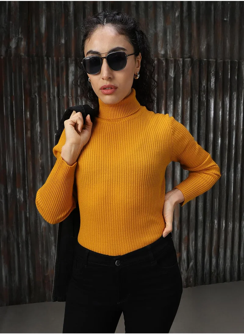 هاي ستار Women's Golden Yellow 100% Acrylic Solid Sweater
