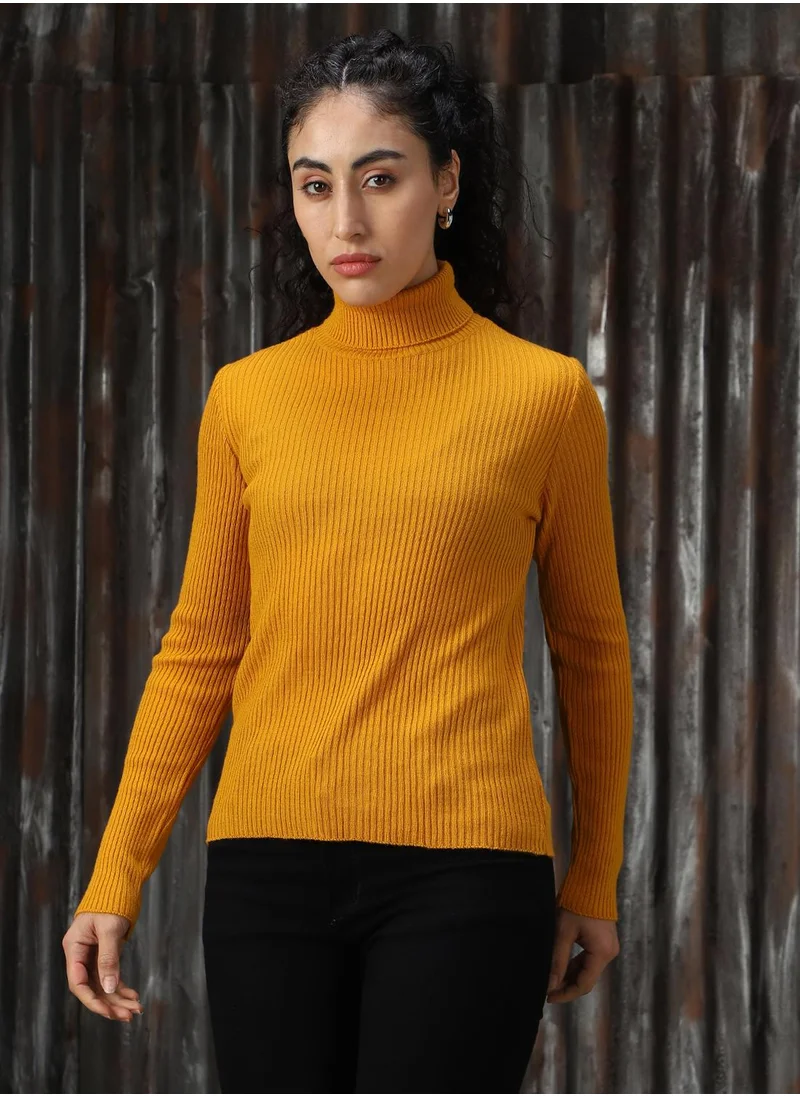 هاي ستار Women's Golden Yellow 100% Acrylic Solid Sweater
