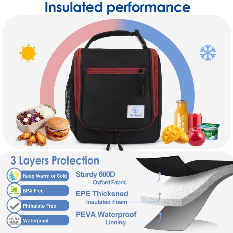 Genteen Kids Lunch Box, Insulated Lunch Bag for Kids, Toddler, Girl, and Boy; Holds Lunch Box, Water Bottle, & Snacks; Easy-Clean Water-Resistant Fabric & Multiple Zippered Pockets (Black) - Image 4