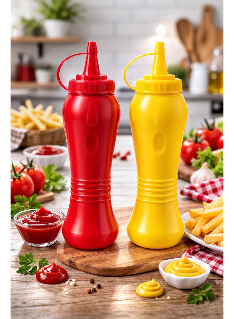2-Piece Plastic Condiment Squeeze Bottle Dispenser Set for Ketchup & Mustard with Attached Cap and Ergonomic Grip - Red/Yellow - Image 2