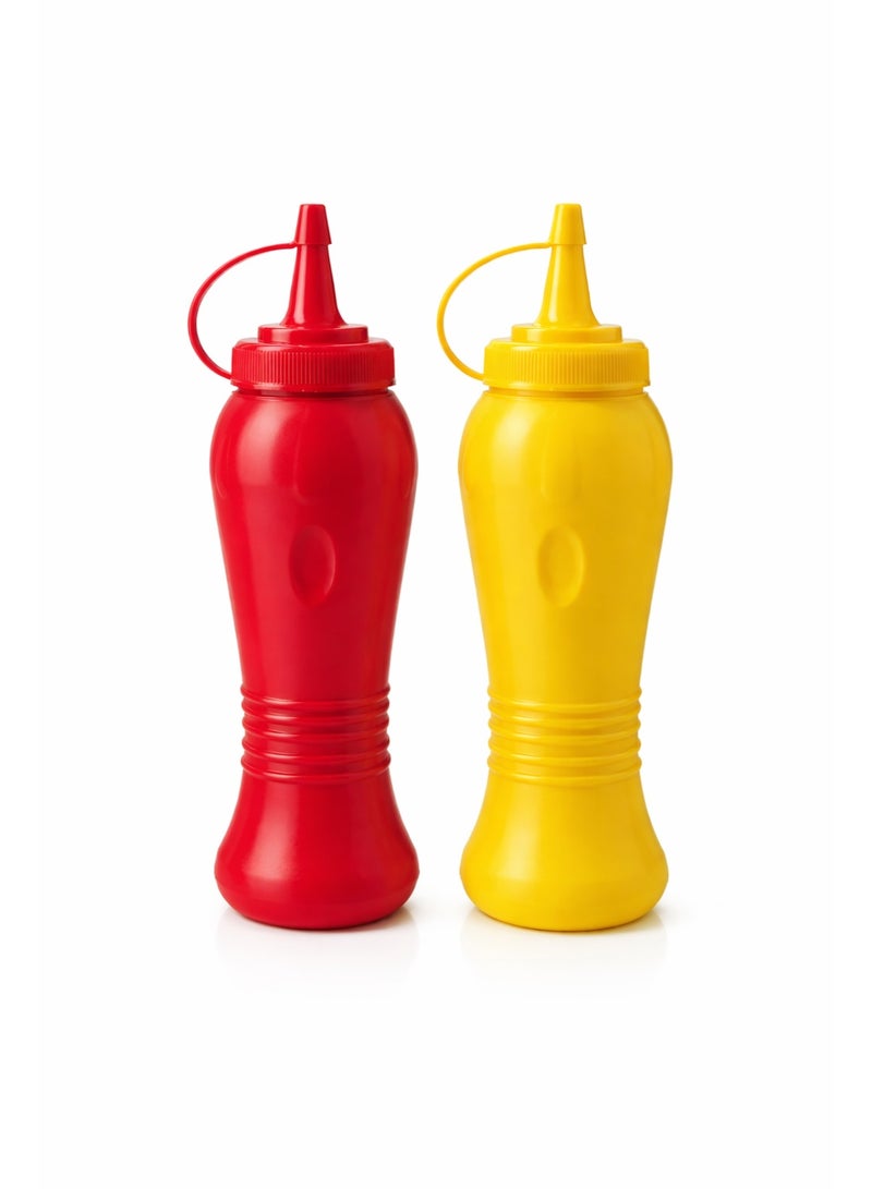 2-Piece Plastic Condiment Squeeze Bottle Dispenser Set for Ketchup & Mustard with Attached Cap and Ergonomic Grip - Red/Yellow - Image 1