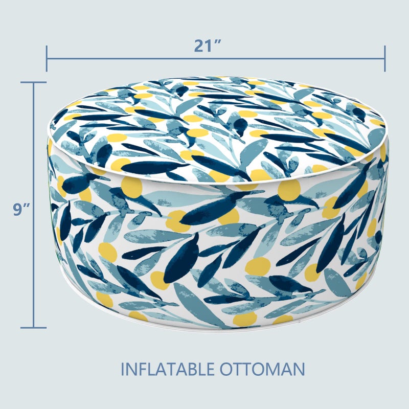 LVTXIII Outdoor/Indoor Inflatable Stool Ottoman, All Weather Patio Footrest Pouf, Portable Round Ottoman for Patio Garden, Camping or Home, D21xH9 Inches, Blue Leaves - Image 2
